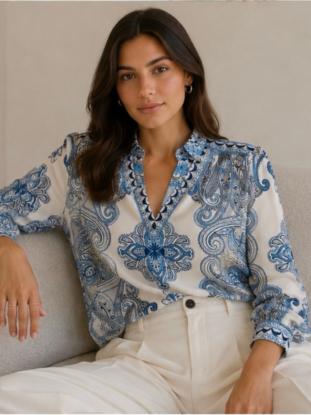 Blue & White Paisley V-Neck Blouse